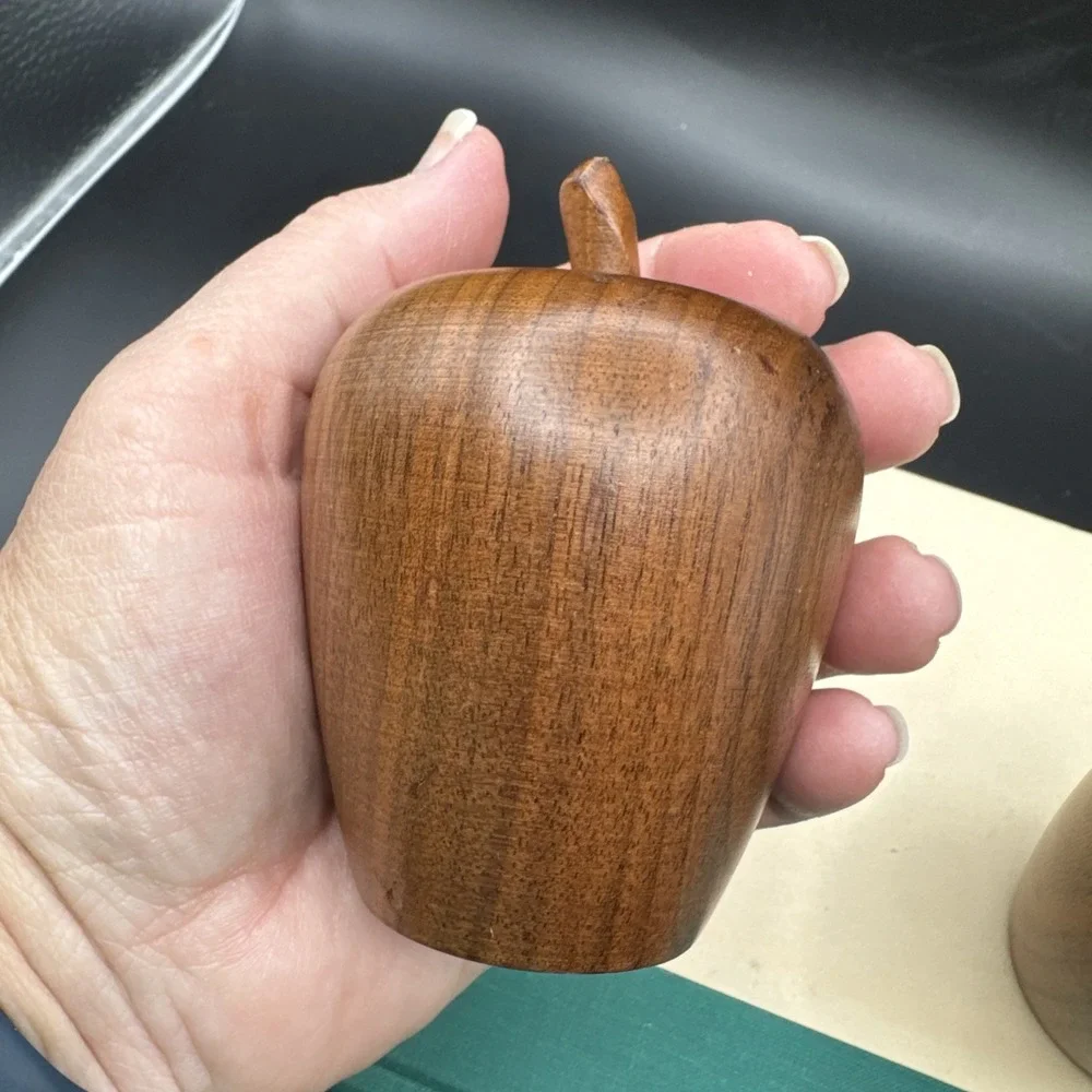 Salt & Pepper Shakers Set Carved Apple Wood w Cork‎ Stoppers Vintage 60s MCM